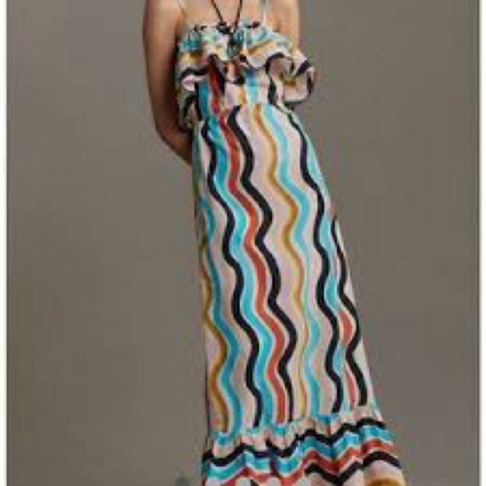 Nwt FARM Rio Sleeveless Spaghetti Strap Ruffle maxi dress multicolor size small